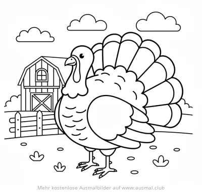 Truthahn Ausmalbild vor Bauernhofkulisse