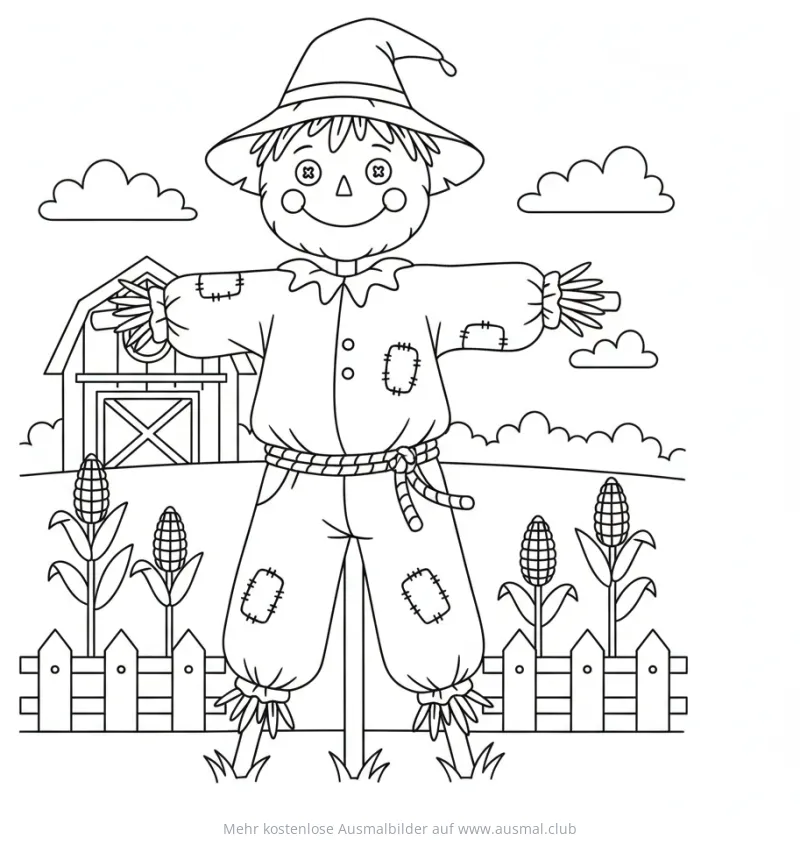 Vogelscheuche Ausmalbild vor Bauernhof und Maisfeld