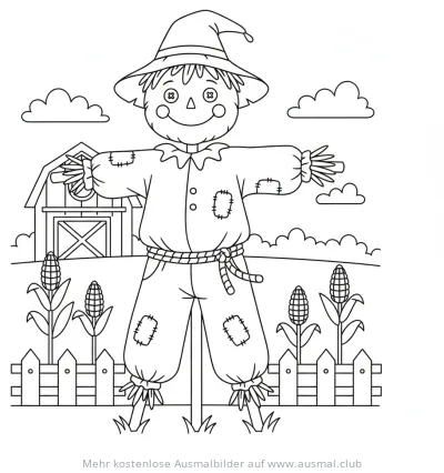 Vogelscheuche Ausmalbild vor Bauernhof und Maisfeld