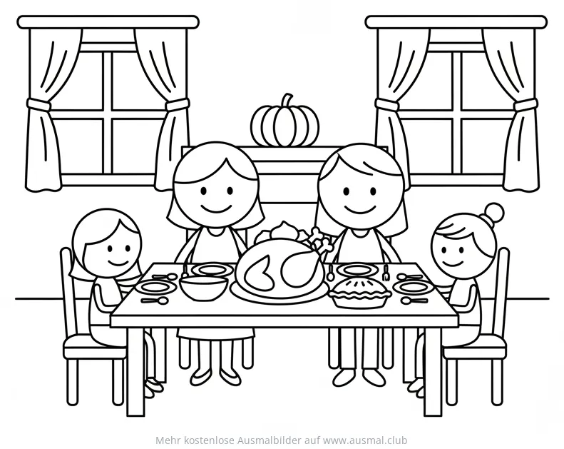 Familie beim Erntedankfestessen Ausmalbild
