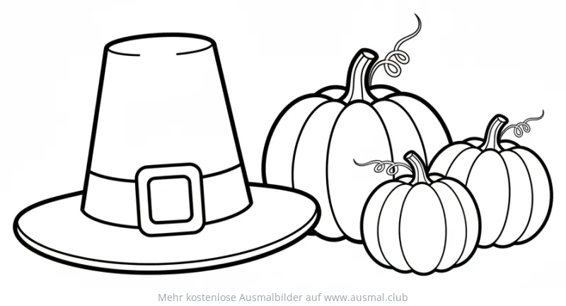 Pilgerhut und Kürbisse Ausmalbild zum Erntedank