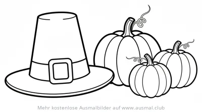 Pilgerhut und Kürbisse Ausmalbild zum Erntedank