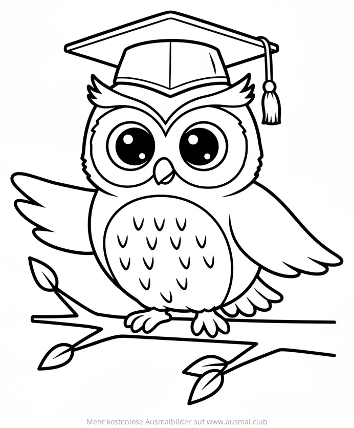 Eule mit Doktorhut sitzt auf Ast Ausmalbild
