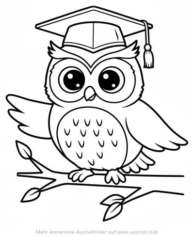 Eule mit Doktorhut sitzt auf Ast Ausmalbild
