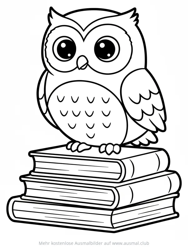 Cartoon Eule sitzt auf Bücherstapel Ausmalbild
