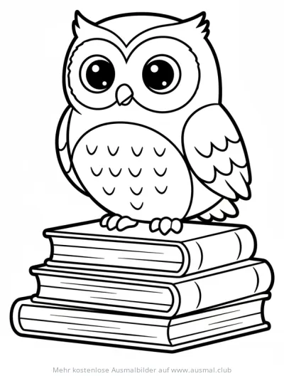 Cartoon Eule sitzt auf Bücherstapel Ausmalbild