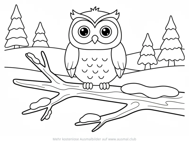 Eule sitzt auf verschneitem Ast im Winterwald Ausmalbild