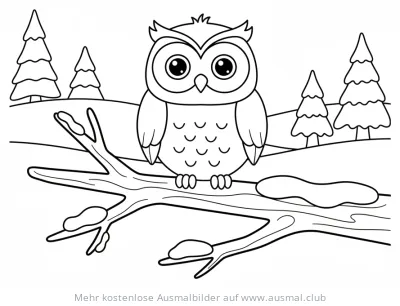 Eule sitzt auf verschneitem Ast im Winterwald Ausmalbild