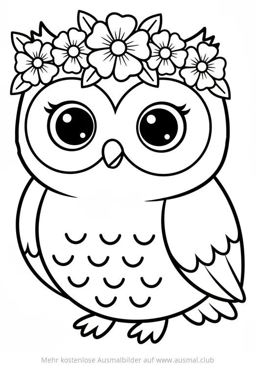 Eule mit Blumenkranz Ausmalbild