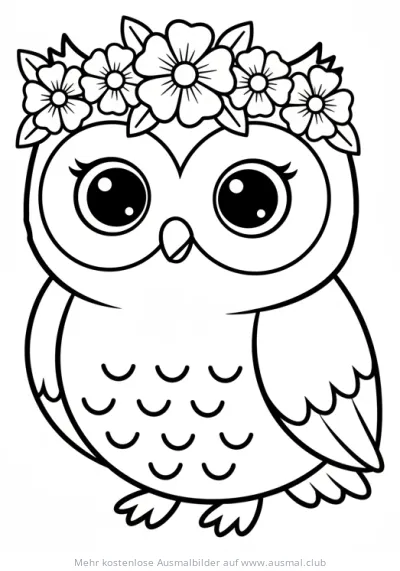 Eule mit Blumenkranz Ausmalbild