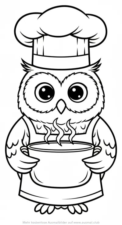 Eule als Koch mit Kochmütze und Topf Ausmalbild