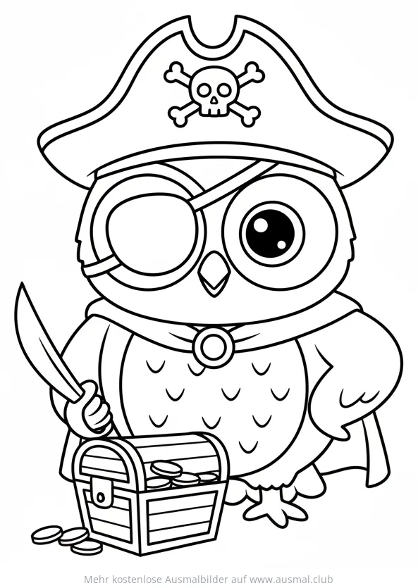 Eule als Pirat mit Schatztruhe Ausmalbild