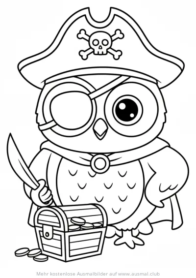 Eule als Pirat mit Schatztruhe Ausmalbild