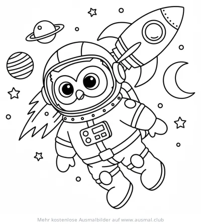 Eule als Astronaut im Weltraum Ausmalbild