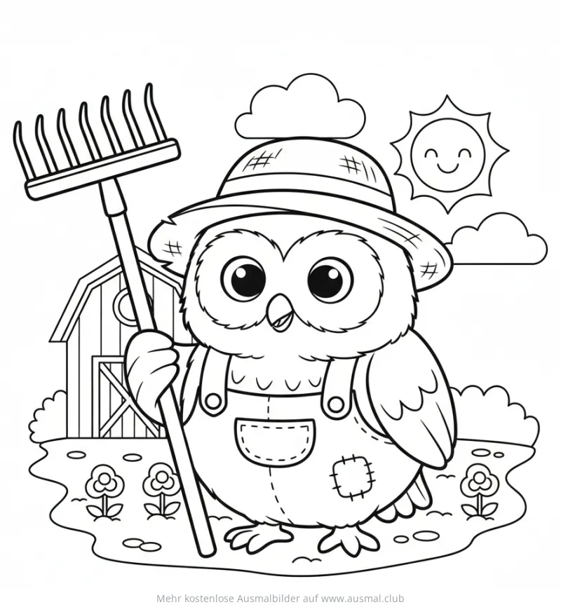 Eule als Bauer mit Harke vor einer Scheune Ausmalbild