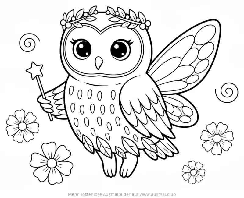 Eule als Fee mit Zauberstab und Flügeln Ausmalbild