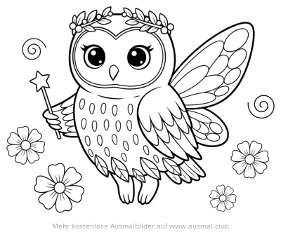 Eule als Fee mit Zauberstab und Flügeln Ausmalbild