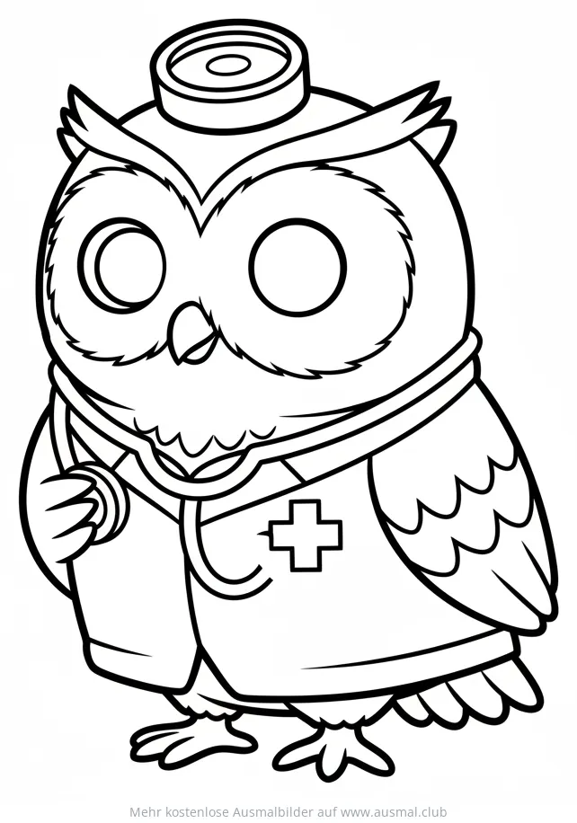 Eule als Arzt mit Stethoskop und Arztkittel Ausmalbild