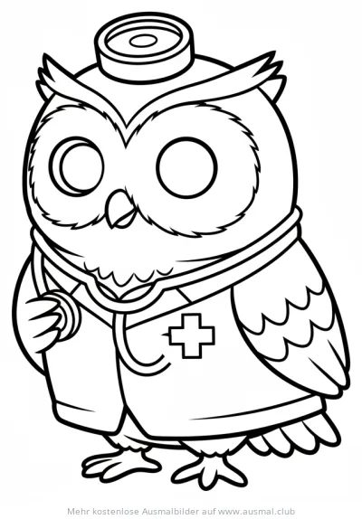 Eule als Arzt mit Stethoskop und Arztkittel Ausmalbild