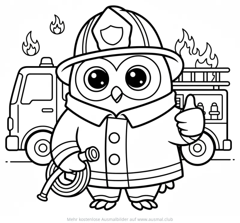 Eule als Feuerwehrmann mit Feuerwehrauto Ausmalbild