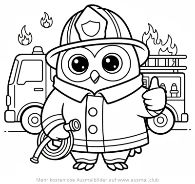 Eule als Feuerwehrmann mit Feuerwehrauto Ausmalbild