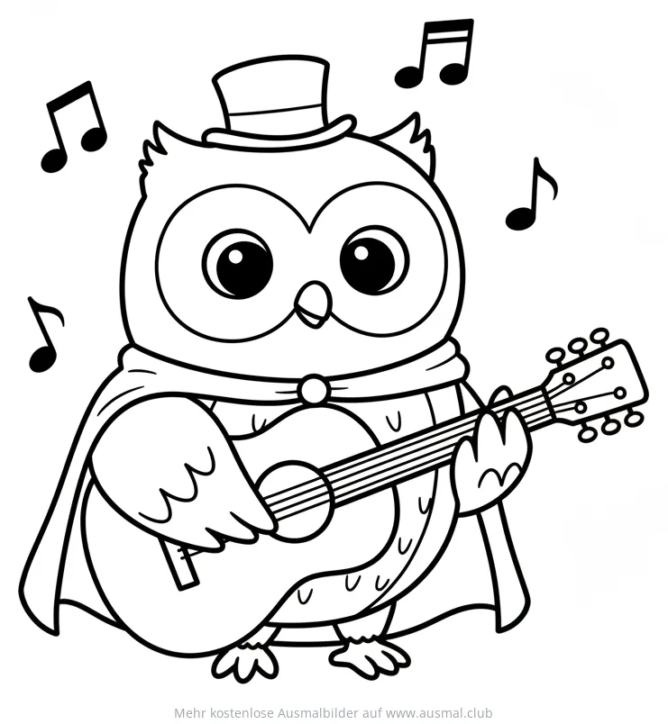Eule mit Zylinder und Gitarre Ausmalbild