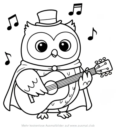 Eule mit Zylinder und Gitarre Ausmalbild