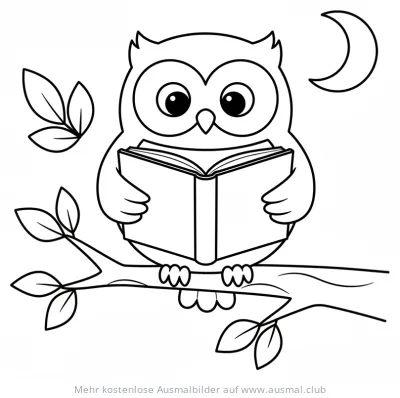 Eule sitzt auf Ast und liest Buch unter Mond, Ausmalbild