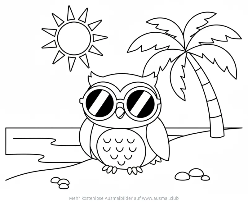 Eule mit Sonnenbrille am Strand Ausmalbild