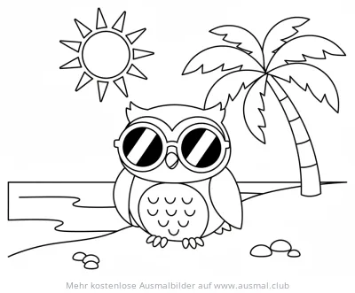 Eule mit Sonnenbrille am Strand Ausmalbild