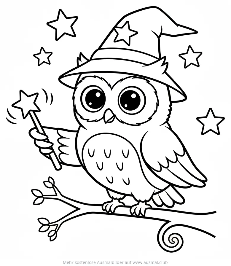 Eule als Zauberer mit Zauberstab auf Ast Ausmalbild