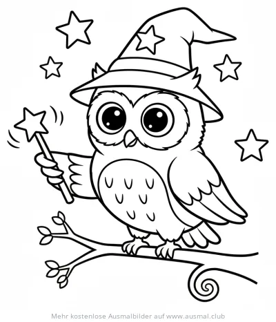 Eule als Zauberer mit Zauberstab auf Ast Ausmalbild
