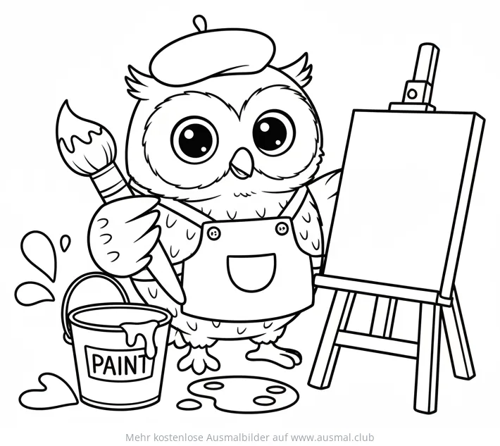 Niedliche Eule als Maler mit Pinsel und Staffelei Ausmalbild