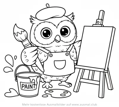 Niedliche Eule als Maler mit Pinsel und Staffelei Ausmalbild