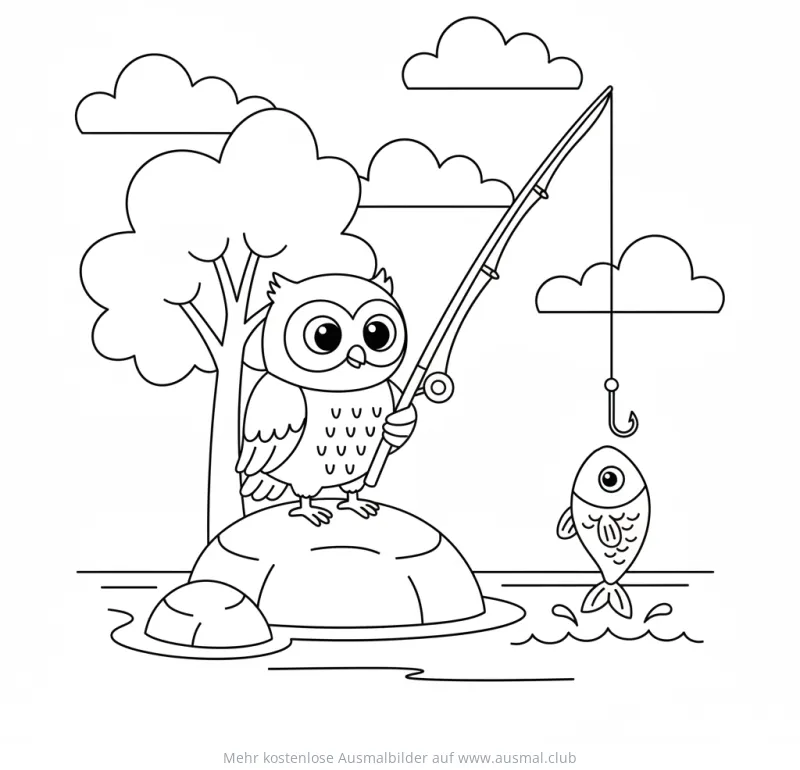 Eule mit Angel auf Stein, Fisch im Wasser Ausmalbild