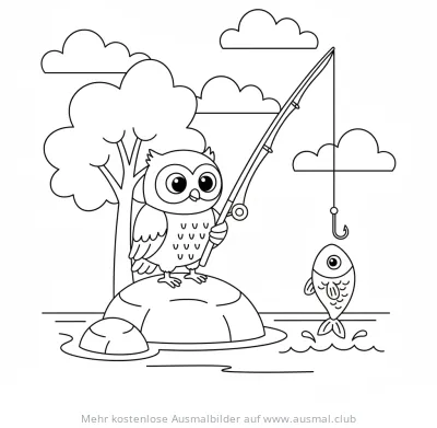 Eule mit Angel auf Stein, Fisch im Wasser Ausmalbild
