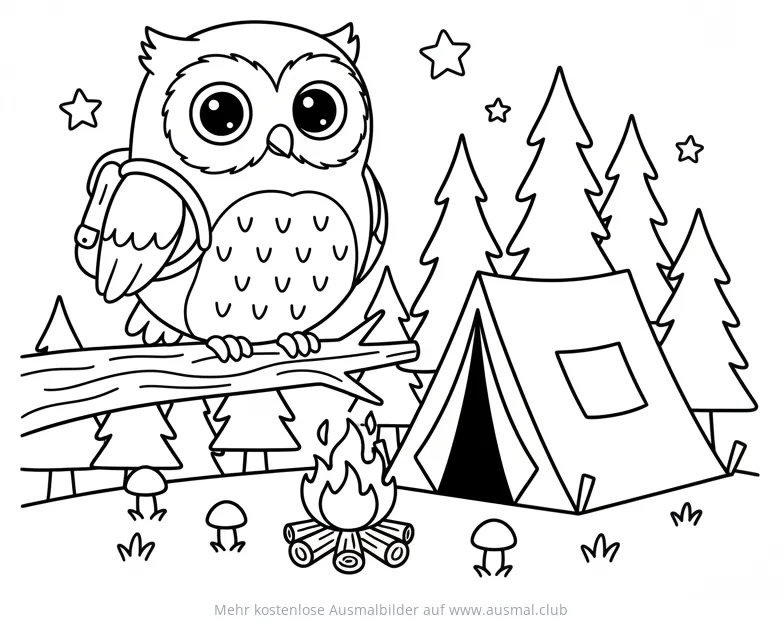 Eule mit Rucksack am Lagerfeuer vor Zelt Ausmalbild