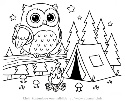 Eule mit Rucksack am Lagerfeuer vor Zelt Ausmalbild