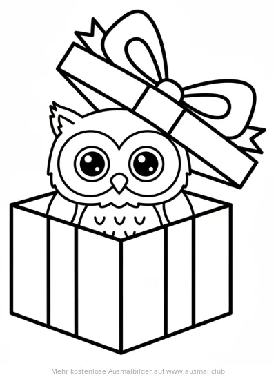 Eule im Geschenk Karton Ausmalbild