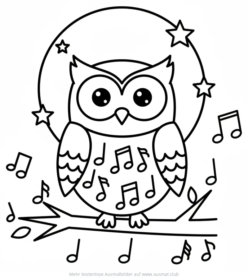 Eule mit Noten auf Ast vor Halbmond mit Sternen Ausmalbild