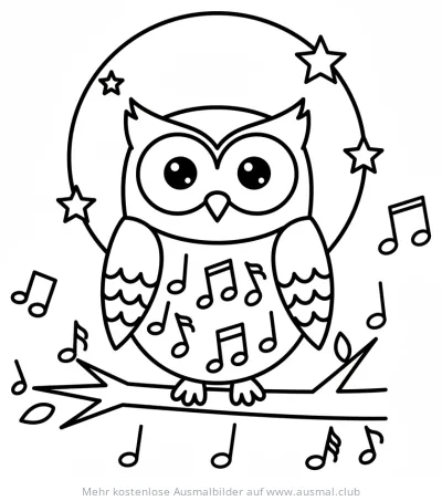 Eule mit Noten auf Ast vor Halbmond mit Sternen Ausmalbild