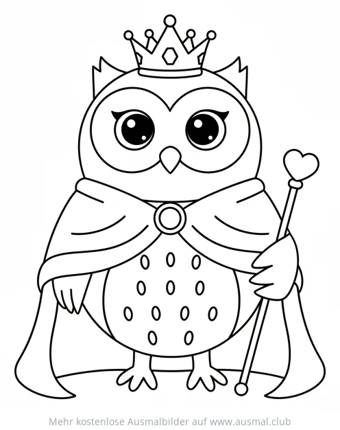 Eule als Königin mit Krone, Umhang und Zepter Ausmalbild