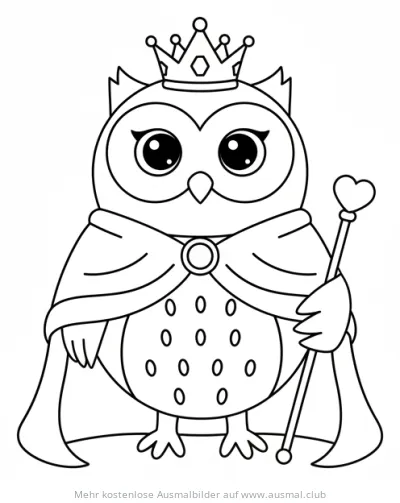 Eule als Königin mit Krone, Umhang und Zepter Ausmalbild