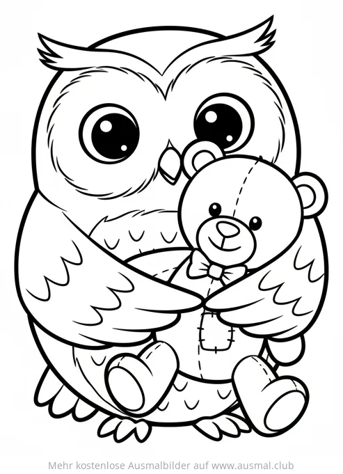 Niedliche Eule umarmt Teddybär Ausmalbild