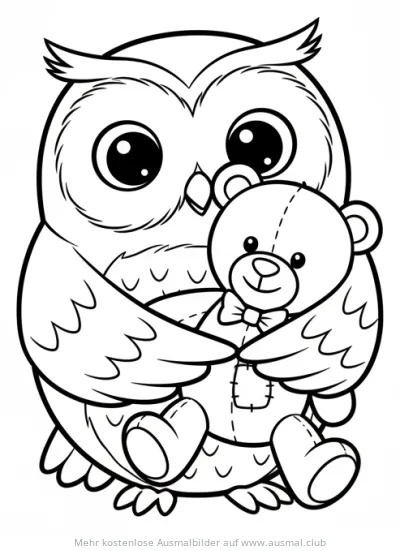 Niedliche Eule umarmt Teddybär Ausmalbild