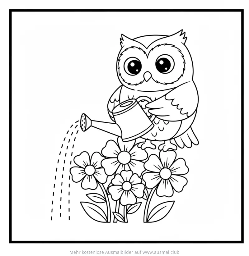 Eule gießt Blumen mit Gießkanne Ausmalbild