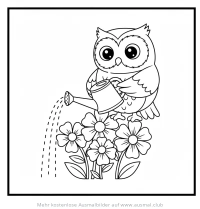 Eule gießt Blumen mit Gießkanne Ausmalbild