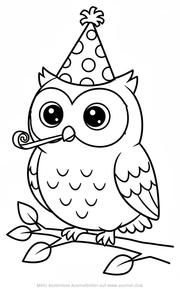 Eule mit Partyhut und Trötehorn auf Ast Ausmalbild