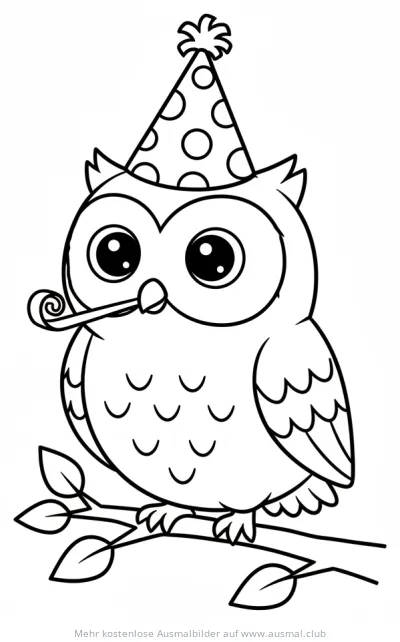 Eule mit Partyhut und Trötehorn auf Ast Ausmalbild