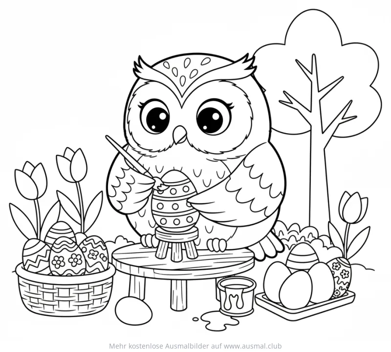 Eule bemalt Osterei auf Ausmalbild